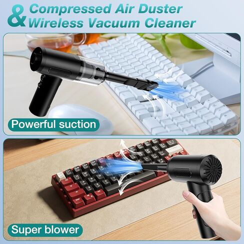 3 in 1 Compressed Air Duster/Pump & Wireless Vacuum Cleaner - 3 Level Adjustable, 68W Power - Cordless Portable Air Blower with LED Light & 10 Kits for Keyboard, Car, Replace Air Can in Kuwait