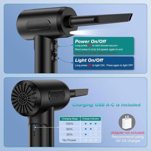 3 in 1 Compressed Air Duster/Pump & Wireless Vacuum Cleaner - 3 Level Adjustable, 68W Power - Cordless Portable Air Blower with LED Light & 10 Kits for Keyboard, Car, Replace Air Can in Kuwait