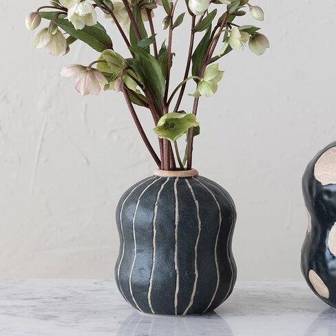 Creative Co-Op Stoneware Vase with Wax Relief Dots, Black and Cream, 7" L x 7" W x 8" H in Saudi Arabia