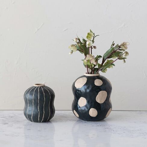 Creative Co-Op Stoneware Vase with Wax Relief Dots, Black and Cream, 7" L x 7" W x 8" H in Saudi Arabia