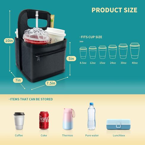 Reusable Insulated Coffee Cup Carrier Bag, Convenient Drink Holder with Handle and Adjustable Dividers for Hot & Cold Beverages (Gray) in Saudi Arabia