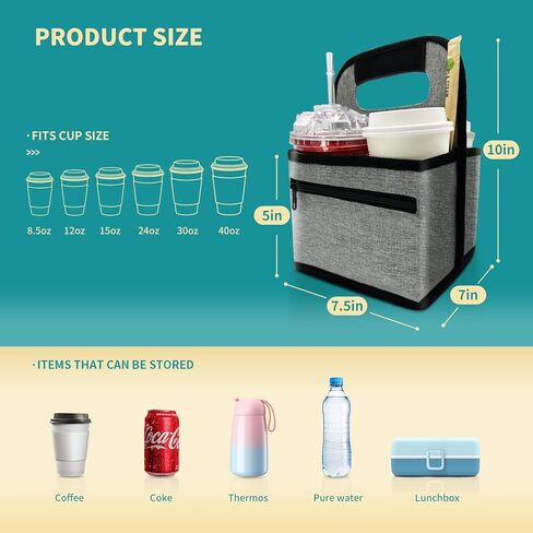 Reusable Insulated Coffee Cup Carrier Bag, Convenient Drink Holder with Handle and Adjustable Dividers for Hot & Cold Beverages (Gray) in Kuwait