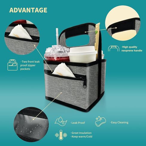 Reusable Insulated Coffee Cup Carrier Bag, Convenient Drink Holder with Handle and Adjustable Dividers for Hot & Cold Beverages (Gray) in Kuwait