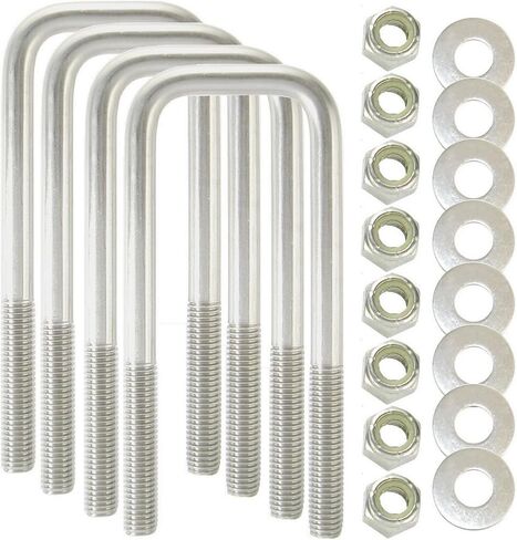 صُنع في الولايات المتحدة الأمريكية (4) 304 مسامير مربعة على شكل حرف U من الفولاذ المقاوم للصدأ بقطر 1/2 بوصة × عرض داخلي 2-1/16 بوصة × ارتفاع داخلي 6-5/16 بوصة مع صواميل وغسالات قفل SS للقوارب ومقطورات المرافق التي تناسب Dn أكثر من 3 بوصات معدنية in Kuwait