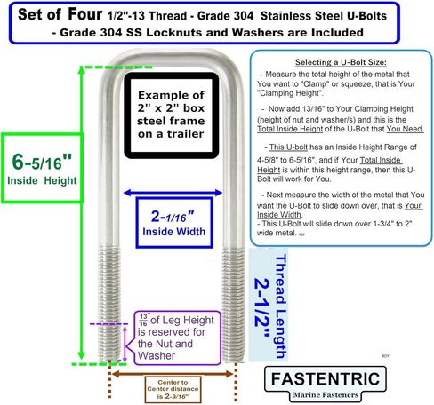 صُنع في الولايات المتحدة الأمريكية (4) 304 مسامير مربعة على شكل حرف U من الفولاذ المقاوم للصدأ بقطر 1/2 بوصة × عرض داخلي 2-1/16 بوصة × ارتفاع داخلي 6-5/16 بوصة مع صواميل وغسالات قفل SS للقوارب ومقطورات المرافق التي تناسب Dn أكثر من 3 بوصات معدنية in Kuwait