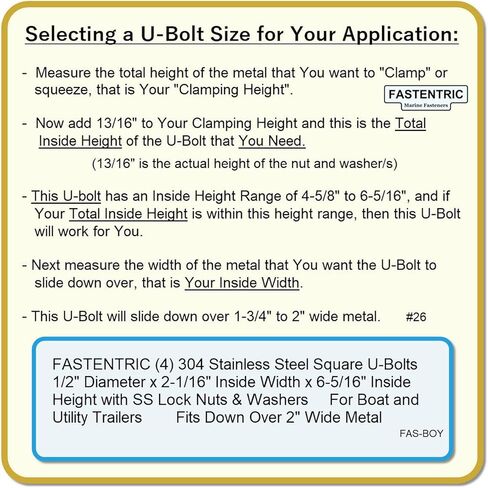 صُنع في الولايات المتحدة الأمريكية (4) 304 مسامير مربعة على شكل حرف U من الفولاذ المقاوم للصدأ بقطر 1/2 بوصة × عرض داخلي 2-1/16 بوصة × ارتفاع داخلي 6-5/16 بوصة مع صواميل وغسالات قفل SS للقوارب ومقطورات المرافق التي تناسب Dn أكثر من 3 بوصات معدنية in Kuwait
