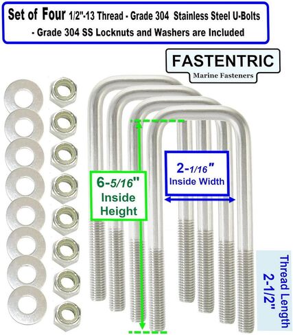 صُنع في الولايات المتحدة الأمريكية (4) 304 مسامير مربعة على شكل حرف U من الفولاذ المقاوم للصدأ بقطر 1/2 بوصة × عرض داخلي 2-1/16 بوصة × ارتفاع داخلي 6-5/16 بوصة مع صواميل وغسالات قفل SS للقوارب ومقطورات المرافق التي تناسب Dn أكثر من 3 بوصات معدنية in Kuwait