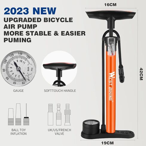 مضخة دراجة لركوب الدراجات الغربية مع مقياس الضغط - مضخة هواء للدراجة لجميع الصمامات - مضخة أرضية للدراجة 11 بار / 160 رطل لكل بوصة مربعة - مضخة إطار الدراجة للدراجات الإلكترونية والدراجات الجبلية - مضخة دراجة لصمام بريستا in Kuwait