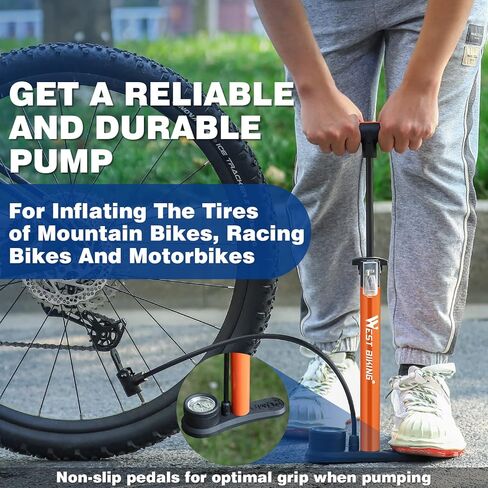 مضخة دراجة لركوب الدراجات الغربية مع مقياس الضغط - مضخة هواء للدراجة لجميع الصمامات - مضخة أرضية للدراجة 11 بار / 160 رطل لكل بوصة مربعة - مضخة إطار الدراجة للدراجات الإلكترونية والدراجات الجبلية - مضخة دراجة لصمام بريستا in Kuwait