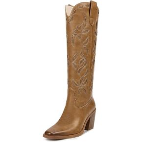 أحذية رعاة البقر عالية الركبة من ISNOM للنساء، أحذية غربية مع عروة سحب، تصميم بكعب مكتنز، فريد وأنيق in Kuwait