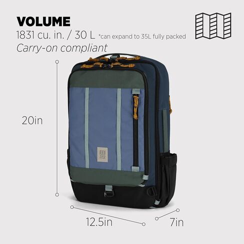 Topo Designs Global Travel Bag 30-40 Liter - Carry-on Compliant Versatile Pack, 3 Carry Options, External Laptop Sleeve (Eco-Friendly, 40L, Caribbean/Dark Khaki) in Kuwait