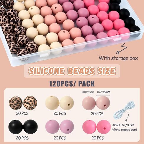 120 pcs 15mm سيليكون حبات لسلسلة المفاتيح صنع الأساور الوردي الأرجواني المطبوعة 6 ألوان مختلطة سيليكون جولة جولة كبيرة لأقلام الحرف in Kuwait