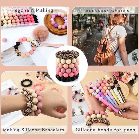120 pcs 15mm سيليكون حبات لسلسلة المفاتيح صنع الأساور الوردي الأرجواني المطبوعة 6 ألوان مختلطة سيليكون جولة جولة كبيرة لأقلام الحرف in Kuwait