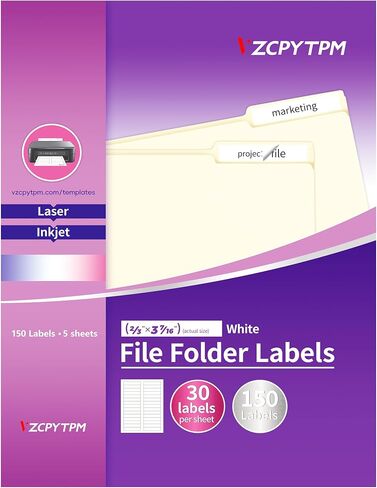 File Folder Labels,750 Labels 1/3 Cut,Self Adhesive Removable Labels,Printable Permanent Label Stickers for Manila File Folders,2/3" x 3-7/16",Laser/Inkjet,25 Sheets,White in Kuwait