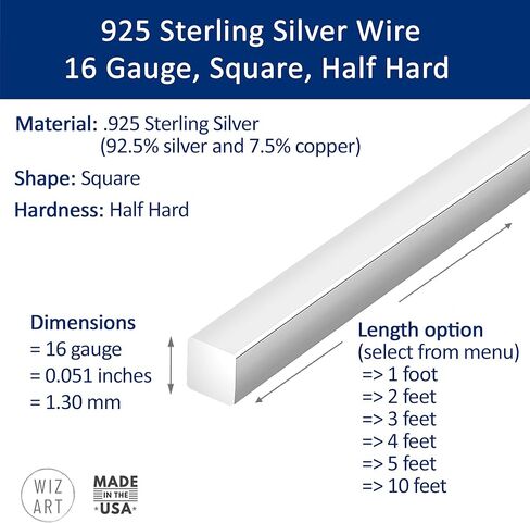 16 مقياسًا ، مربعًا ، نصف هارد ، 925 سلك الفضة الاسترليني - 3 أقدام - لفن المجوهرات من Wizart in Kuwait