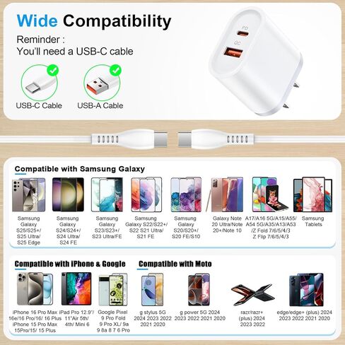 Samsung Fast Charger Block Type C for Samsung Galaxy S24 FE S24 Ultra S24+ A16 5G A15 5G A35 A55 A54 A14 A25 A53 S23 FE S22 S21,Google Pixel 9 Pro XL,USB C Wall Charger Android Plug 6FT USB C Cable in Kuwait