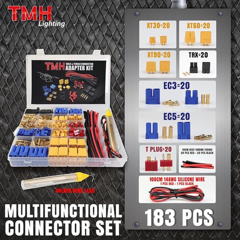 TMH 70 Pcs T-Plug / EC3 / EC5 / XT60 / XT90 Male and Female Adapter Connector Plug with Silicone Wire + Heat Shrink Tube for RC ESC Lipo Battery Motor (70 PCS) in Kuwait