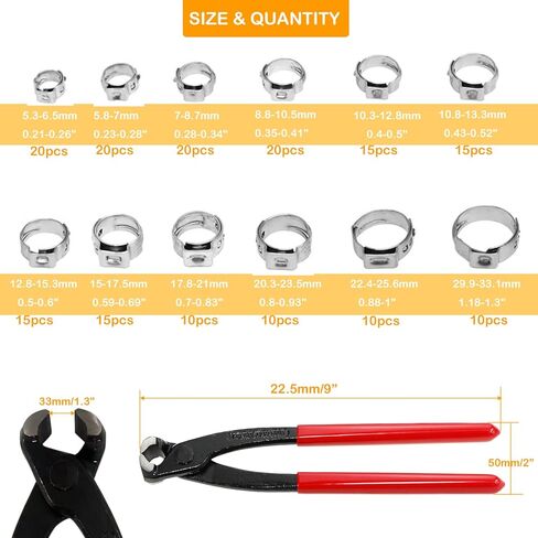 360pcs 16 Sizes Single Ear Hose Clamps, 5.3-36.1mm Stainless Steel_304 Crimp Hose Clamps Cinch Rings Assortment Kit for Automotive, Pipe, Plumbing in Kuwait