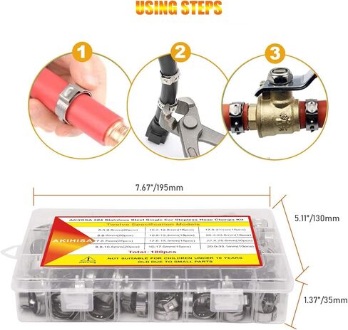 360pcs 16 Sizes Single Ear Hose Clamps, 5.3-36.1mm Stainless Steel_304 Crimp Hose Clamps Cinch Rings Assortment Kit for Automotive, Pipe, Plumbing in Kuwait