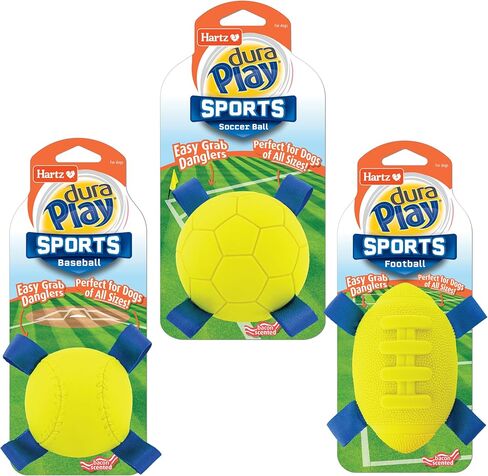 Hartz New Dura Play Sports Baseball Dog Toy, Bacon Scented Squeaky Latex Yellow & Blue Toy, 1 Count in Saudi Arabia