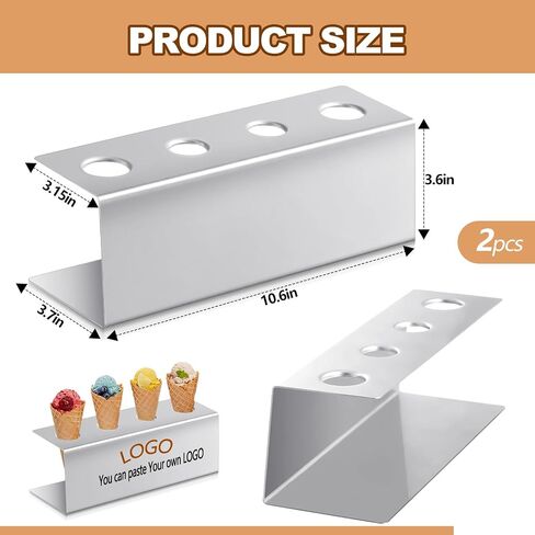 2 Pcs Ice Cream Cone Holder Stainless Steel Waffle Cone Holder with 4 Holes 10.6 x 3.7 x 3.5 Inches Cupcake Sugar Cone Holder Stand Rack Display Cotton Candy Holder for Party Buffets in Saudi Arabia