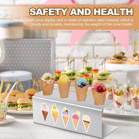 2 Pcs Ice Cream Cone Holder Stainless Steel Waffle Cone Holder with 4 Holes 10.6 x 3.7 x 3.5 Inches Cupcake Sugar Cone Holder Stand Rack Display Cotton Candy Holder for Party Buffets in Saudi Arabia