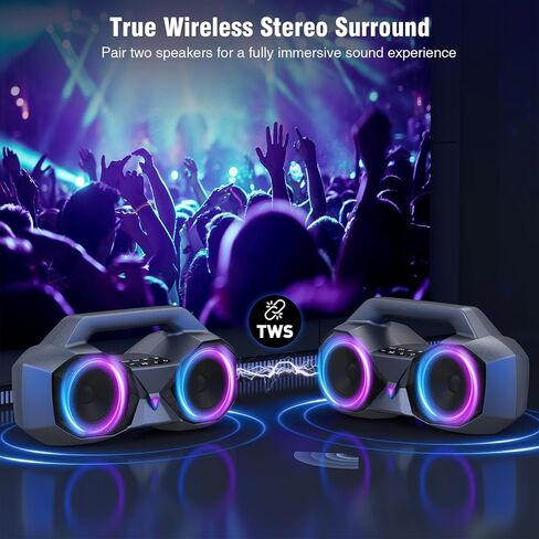 KMAG Portable Bluetooth Wireless Speaker - IPX7 Waterproof, 80W Premium Sound, 20H Playtime, Dynamic Light, Deep Bass, Dual Pairing, 5.3 BT for Outdoor, Home, Party, Gifts (Black) in Kuwait