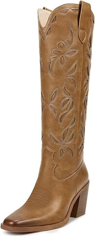 أحذية رعاة البقر عالية الركبة من ISNOM للنساء، أحذية غربية مع عروة سحب، تصميم بكعب مكتنز، فريد وأنيق in Kuwait