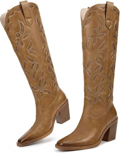 أحذية رعاة البقر عالية الركبة من ISNOM للنساء، أحذية غربية مع عروة سحب، تصميم بكعب مكتنز، فريد وأنيق in Kuwait