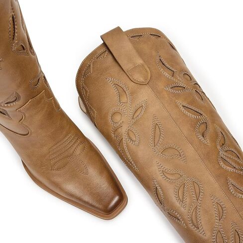 أحذية رعاة البقر عالية الركبة من ISNOM للنساء، أحذية غربية مع عروة سحب، تصميم بكعب مكتنز، فريد وأنيق in Kuwait