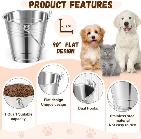 Honeydak 4 Pcs Flat Sided Pail with Dual Hooks 1 Quart Stainless Steel Flat Back Bucket Dual Hooks Hanging Dog Water Bucket Metal for Dog Cat Critter Cage Kennels Cages Fences Pet Container in Saudi Arabia