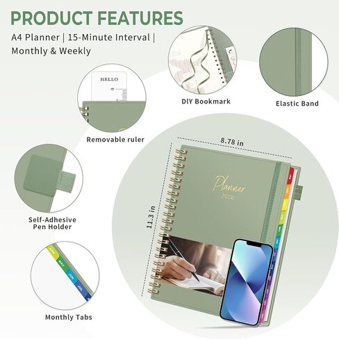 EMSHOI 2025-2026 Appointment Book 8.5 x 11, 15-Minute, A4 Hourly Daily Weekly and Monthly Academic Planner, July 2025 - June 2026, PVC Cover, Note Pages, Monthly Tabs, Boost Productivity, LightGreen in Kuwait