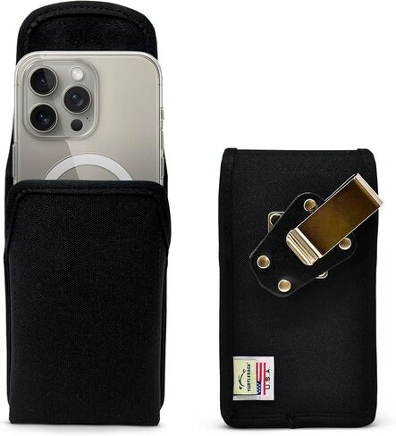 حافظة هاتف من النايلون الفاخر من Turtleback لهاتف iPhone 14/14 Pro و13/13 Pro و12/12 Pro، كبيرة - حامل حزام هاتف أسود يناسب الجرابات الكبيرة - حافظة هاتف مع مشبك حزام معدني حصري in Kuwait
