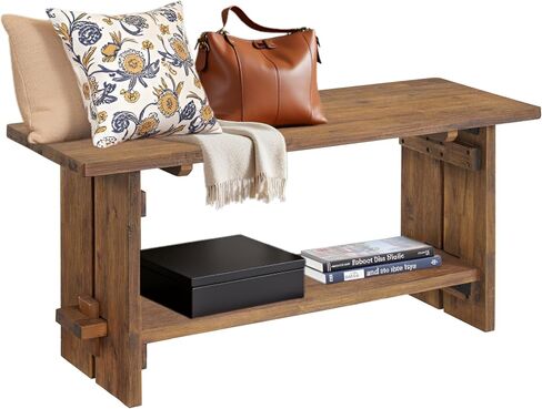 Bethel Acacia Wood Bench, 40 In. Wide, Natural Aged Brown with Storage Shelf, Rustic Solid Wood Entryway and Living Room Seating, Dimensions 40 In. W x 14 In. D x 18 In. H in Saudi Arabia