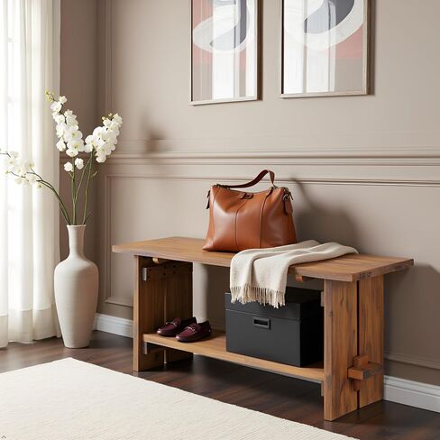 Bethel Acacia Wood Bench, 40 In. Wide, Natural Aged Brown with Storage Shelf, Rustic Solid Wood Entryway and Living Room Seating, Dimensions 40 In. W x 14 In. D x 18 In. H in Saudi Arabia