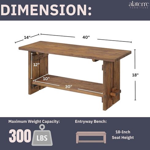 Bethel Acacia Wood Bench, 40 In. Wide, Natural Aged Brown with Storage Shelf, Rustic Solid Wood Entryway and Living Room Seating, Dimensions 40 In. W x 14 In. D x 18 In. H in Saudi Arabia