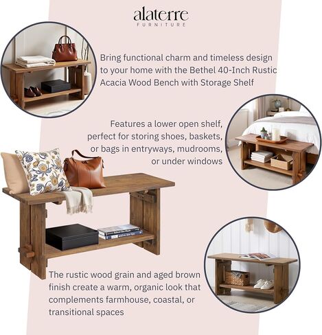 Bethel Acacia Wood Bench, 40 In. Wide, Natural Aged Brown with Storage Shelf, Rustic Solid Wood Entryway and Living Room Seating, Dimensions 40 In. W x 14 In. D x 18 In. H in Saudi Arabia