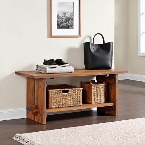 Bethel Acacia Wood Bench, 40 In. Wide, Natural Aged Brown with Storage Shelf, Rustic Solid Wood Entryway and Living Room Seating, Dimensions 40 In. W x 14 In. D x 18 In. H in Saudi Arabia