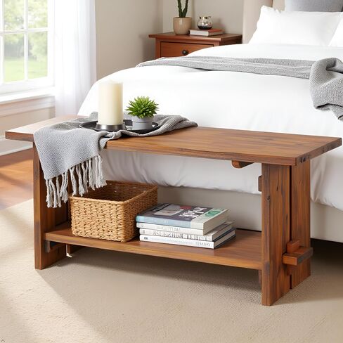Bethel Acacia Wood Bench, 40 In. Wide, Natural Aged Brown with Storage Shelf, Rustic Solid Wood Entryway and Living Room Seating, Dimensions 40 In. W x 14 In. D x 18 In. H in Saudi Arabia
