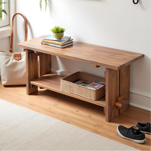 Bethel Acacia Wood Bench, 40 In. Wide, Natural Aged Brown with Storage Shelf, Rustic Solid Wood Entryway and Living Room Seating, Dimensions 40 In. W x 14 In. D x 18 In. H in Saudi Arabia
