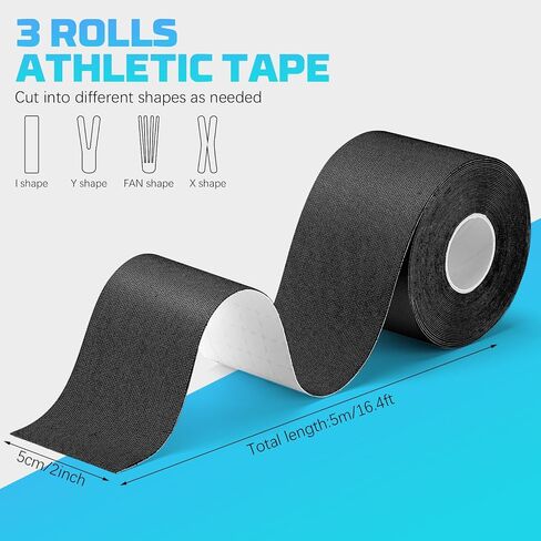 3 Rolls Kinesiology Tape, Athletic Tape Elastic Waterproof Sports Tape 2 Inch x 16 Feet Uncut Body Tape with Scissors for Ankle Wrists Knees Shoulders Muscle in Saudi Arabia