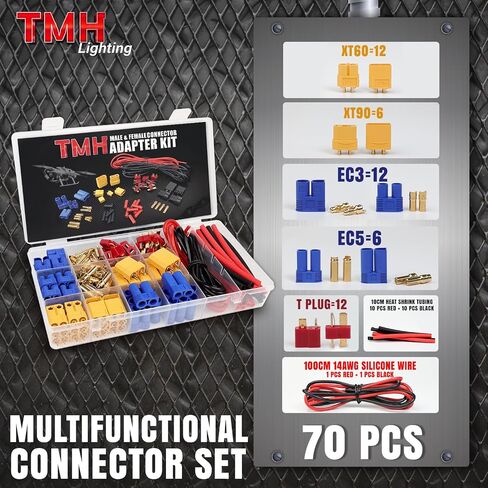 TMH 183 Pcs T-Plug EC3 EC5 XT30 XT60 XT90 TRX-Plug Male & Female Adapter Connector Kit with Silicone Wire and Heat Shrink Tubing for RC ESC Lipo Battery Motor (Total 183 PCS) in Saudi Arabia