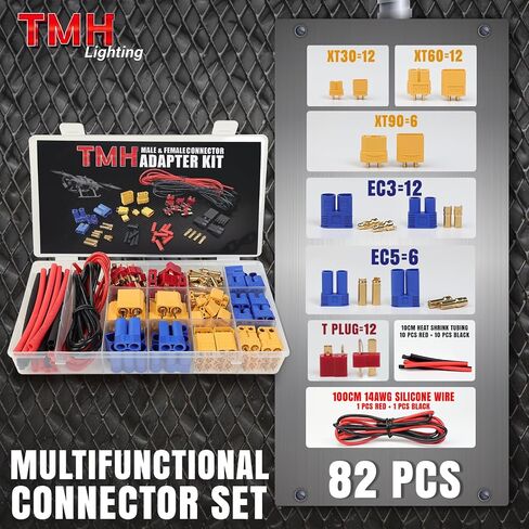 TMH 183 Pcs T-Plug EC3 EC5 XT30 XT60 XT90 TRX-Plug Male & Female Adapter Connector Kit with Silicone Wire and Heat Shrink Tubing for RC ESC Lipo Battery Motor (Total 183 PCS) in Saudi Arabia