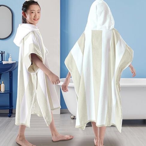 VOOVA & MOVAS منشفة الشاطئ بغطاء للرأس للأطفال الكبار | رداء منشفة بونشو كبير (8-16 سنة) مصنوع من القطن ناعم وذو قدرة على الامتصاص لحمام السباحة والسباحة والحمام، مخطط بلون أسمر كابانا in Kuwait