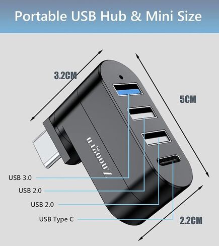 【Upgrade】 4 Ports USB 3.0 Hub (90°/180° Degree Rotatable), USB Multiport Rotating Hub with USB C Power/Data Port, USB Extender for Laptop, Camera, PC, Xbox, MacBook Pro and More in Kuwait