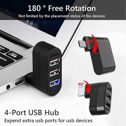 【Upgrade】 4 Ports USB 3.0 Hub (90°/180° Degree Rotatable), USB Multiport Rotating Hub with USB C Power/Data Port, USB Extender for Laptop, Camera, PC, Xbox, MacBook Pro and More in Kuwait