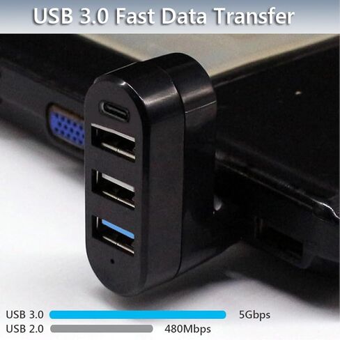【Upgrade】 4 Ports USB 3.0 Hub (90°/180° Degree Rotatable), USB Multiport Rotating Hub with USB C Power/Data Port, USB Extender for Laptop, Camera, PC, Xbox, MacBook Pro and More in Kuwait