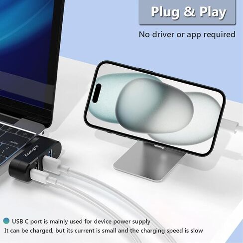 【Upgrade】 4 Ports USB 3.0 Hub (90°/180° Degree Rotatable), USB Multiport Rotating Hub with USB C Power/Data Port, USB Extender for Laptop, Camera, PC, Xbox, MacBook Pro and More in Kuwait