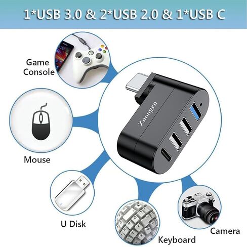 【Upgrade】 4 Ports USB 3.0 Hub (90°/180° Degree Rotatable), USB Multiport Rotating Hub with USB C Power/Data Port, USB Extender for Laptop, Camera, PC, Xbox, MacBook Pro and More in Kuwait