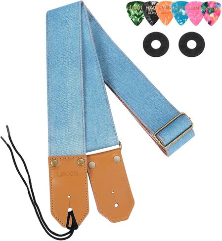 LEKATO Guitar Strap with Cowhide Leather Ends Western Denim Straps for Acoustic Electric Bass Guitar Includes 6 Picks & Strap Locks & Headstock Tie Best Gift for Men Women Guitarists And Musicians in Kuwait